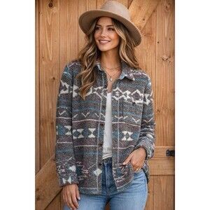 True Grit Sherpa Shacket Womens Medium Southwest Aztec Fleece Jacket Western